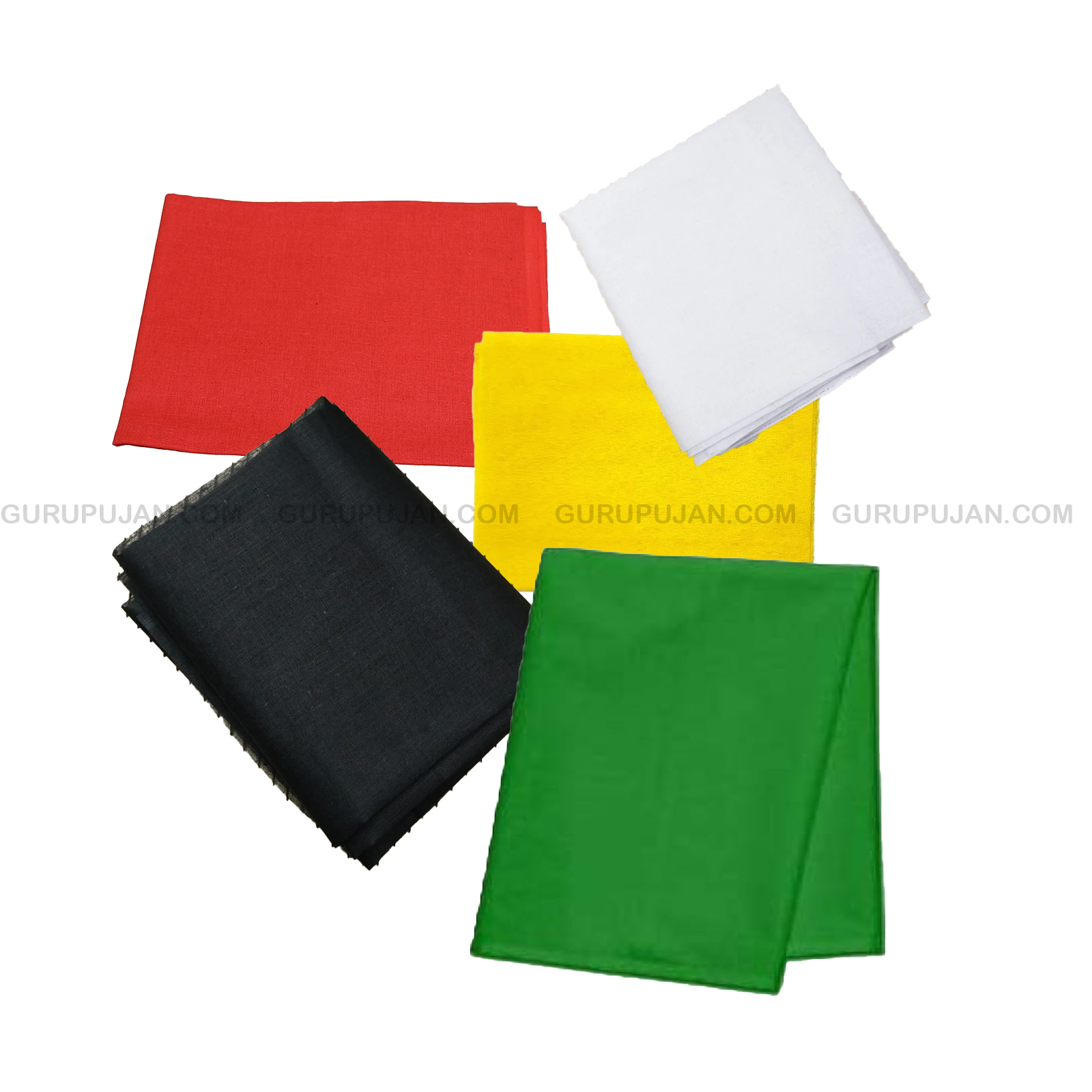 Set of 5 Pooja Cloths in red, yellow, green, black, and white colors, each 1.25 meters long, ideal for worship and pooja rituals. High-quality fabric for religious ceremonies.