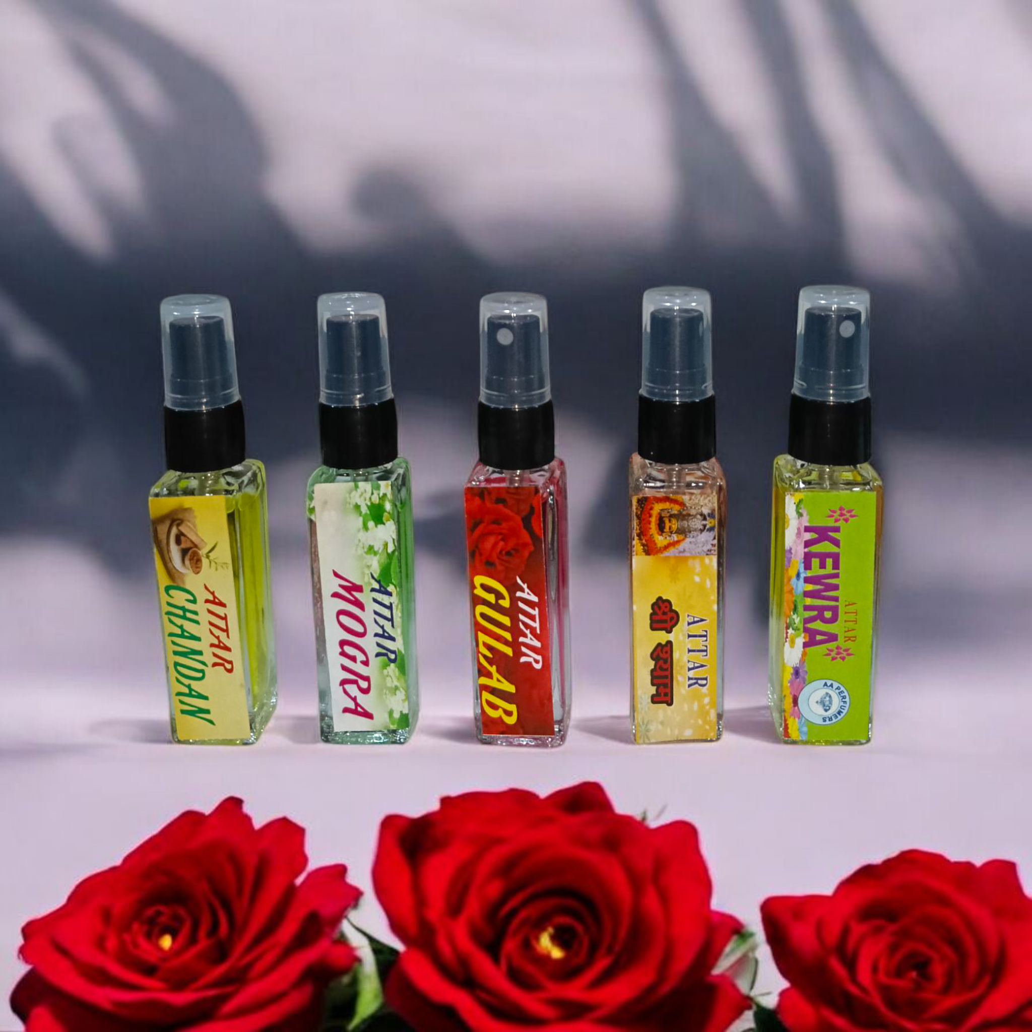 Set of Spray Attar – Chandan, Mogra, Gulab, Kewra, Shri, Shyam | Best Spray Itra | Natural Fragrance | 0% Alcohol – GuruPujan