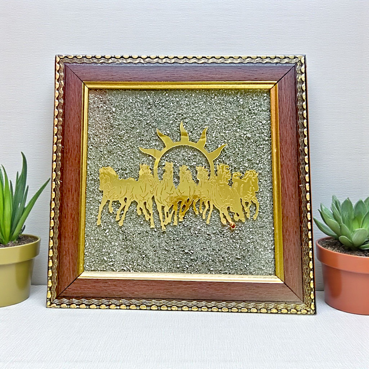 Seven Golden Horses with Rising Sun – 7x7 Inch Wooden Vastu Frame with Pyrite Stone for Wealth, Protection, and Energy Correction