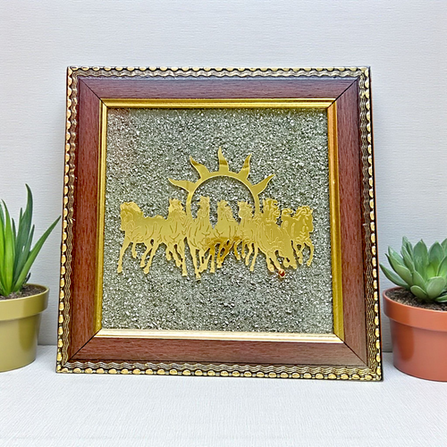 Seven Horses with Rising Sun | Pyrite Vastu Frame | Wooden Wall Decor for Wealth