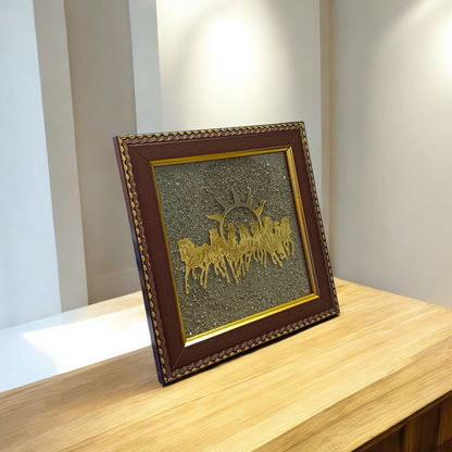 Seven Golden Horses with Rising Sun – 7x7 Inch Wooden Vastu Frame with Pyrite Stone for Wealth, Protection, and Energy Correction