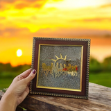 Seven Golden Horses with Rising Sun – 7x7 Inch Wooden Vastu Frame with Pyrite Stone for Wealth, Protection, and Energy Correction