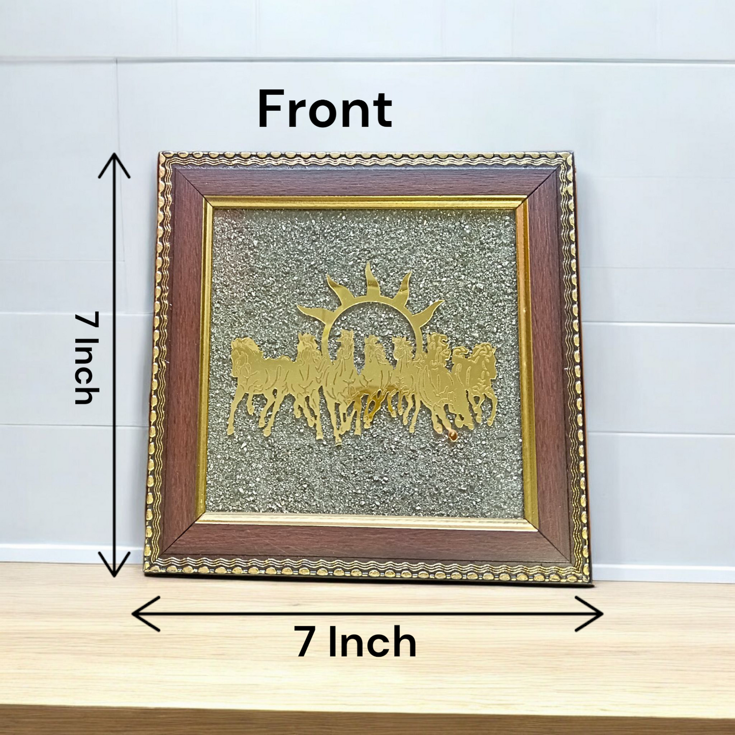 Seven Golden Horses with Rising Sun – 7x7 Inch Wooden Vastu Frame with Pyrite Stone for Wealth, Protection, and Energy Correction