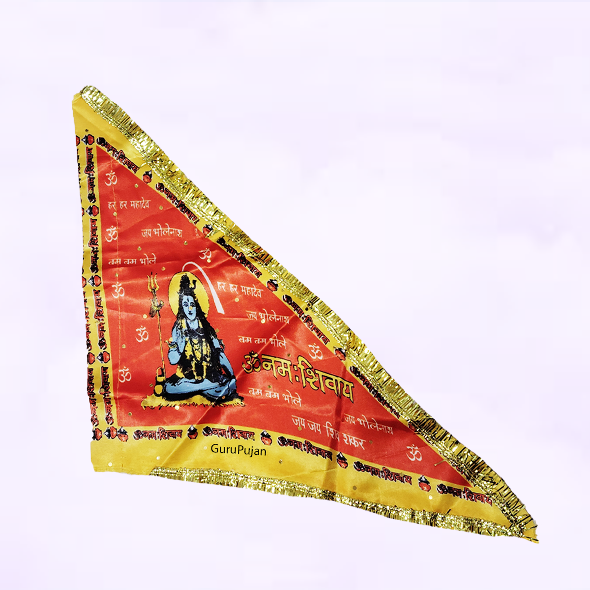Shiv Ji Flag featuring Om Namah Shivaay mantra, Trishul, and Shiv Ling, symbolizing Lord Shiva’s divine presence and blessings.