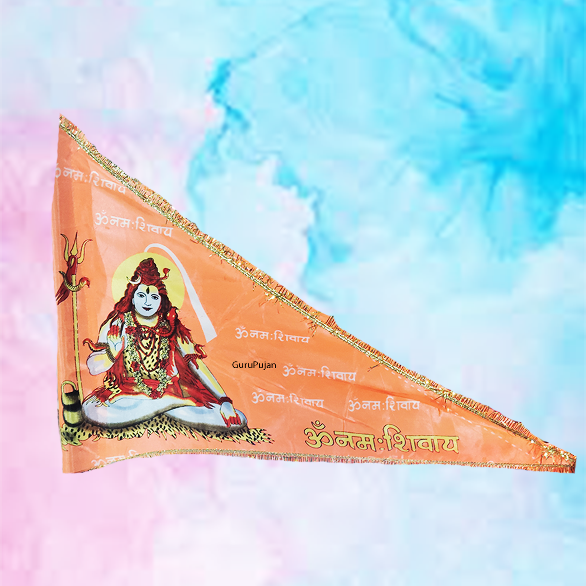 Shiv Ji Flag featuring Om Namah Shivaay mantra, Trishul, and Shiv Ling, symbolizing Lord Shiva’s divine presence and blessings.
