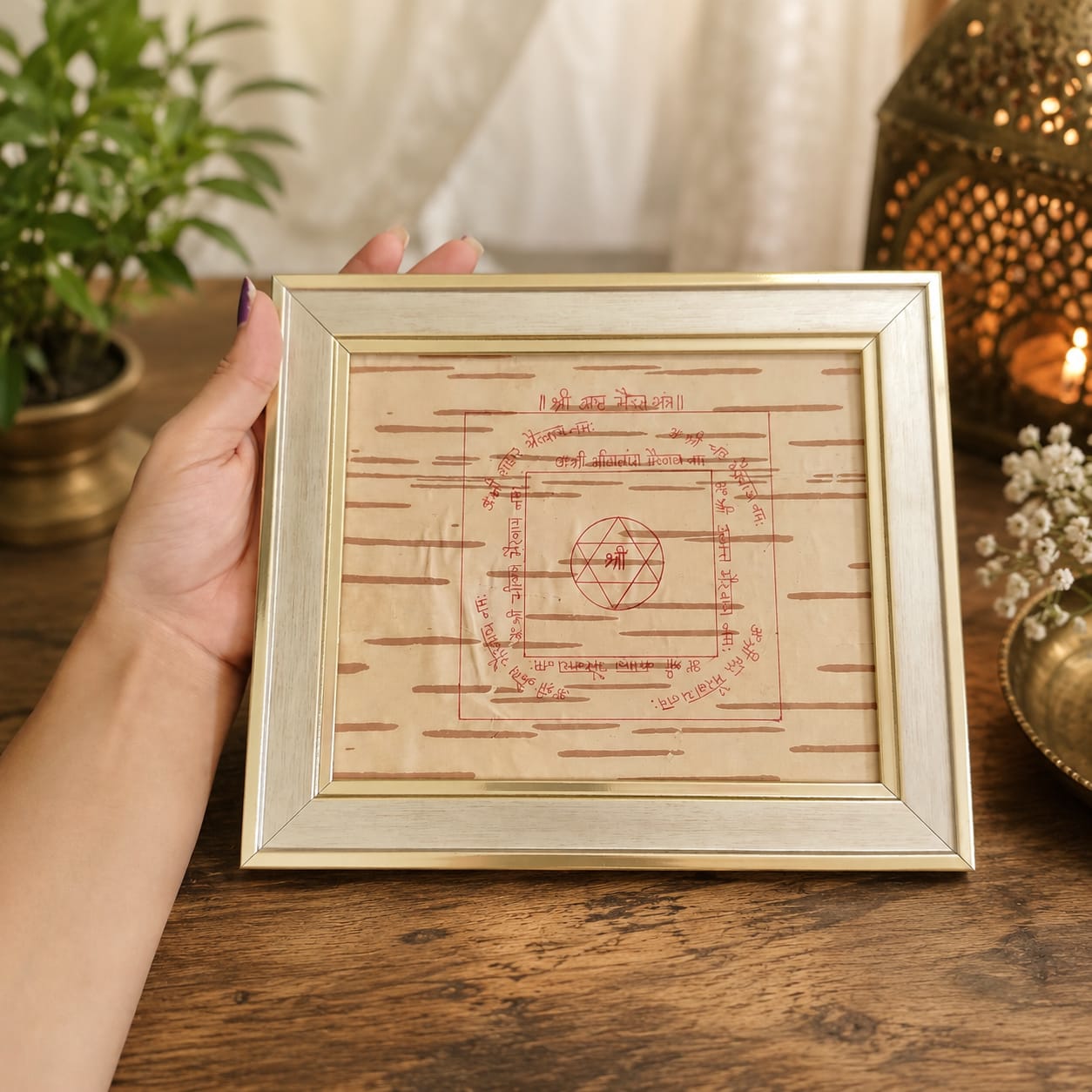 Shri Asht Bhairav Yantra 19x22CM Handmade on Bhojpatra Wooden Frame for Protection, Spiritual Strength, Vastu & Divine Blessings