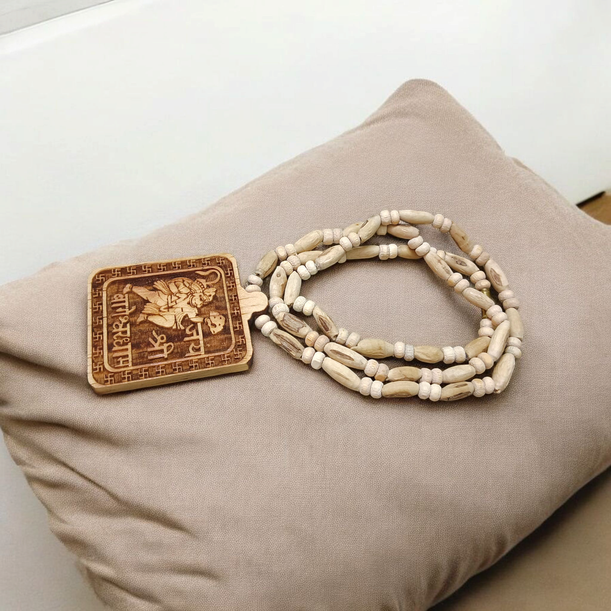 Shri Bageshwar Dham Tulsi Wood Locket with Tulsi Mala, symbolizing divine protection, spiritual connection