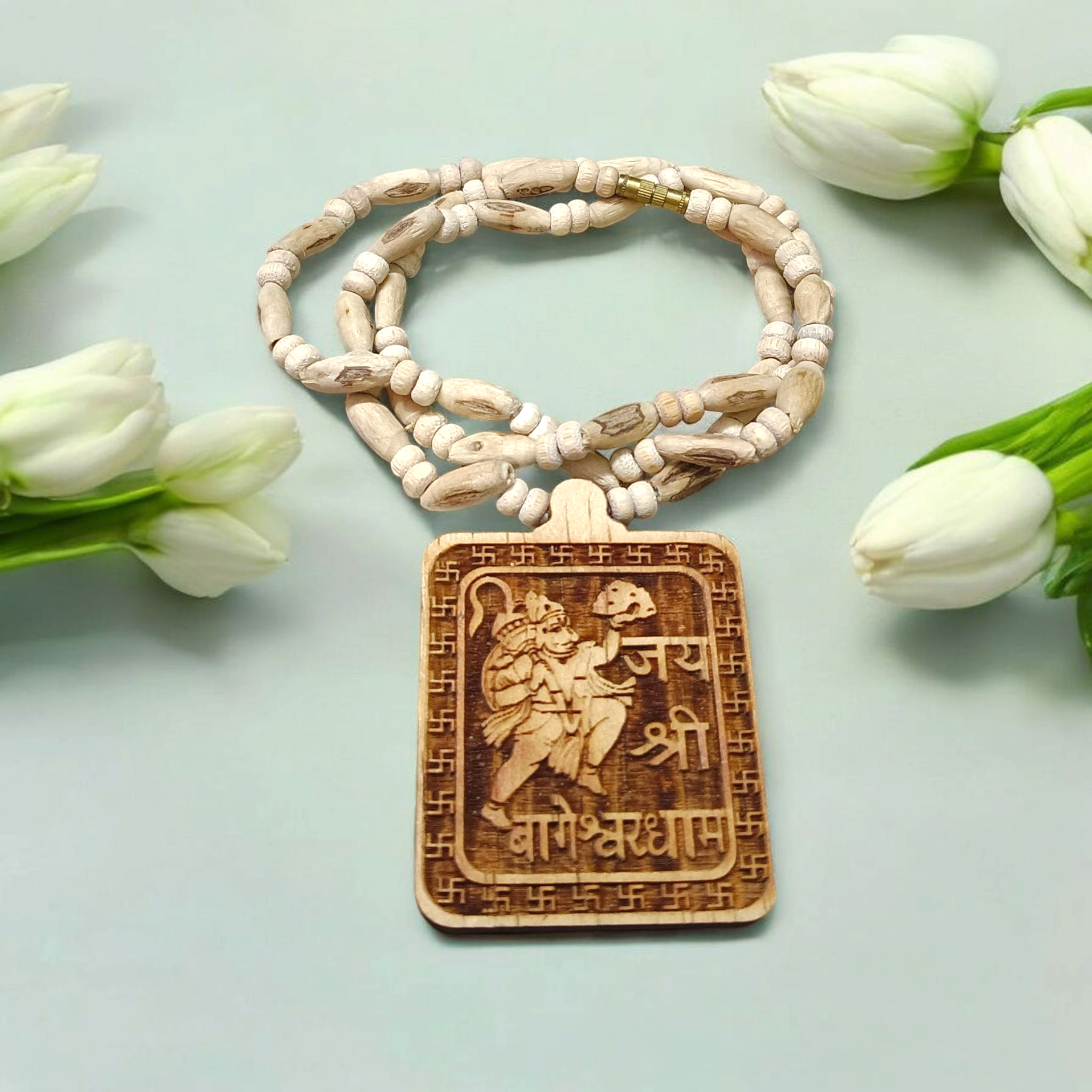 Shri Bageshwar Dham Tulsi Wood Locket with Tulsi Mala, symbolizing divine protection, spiritual connection