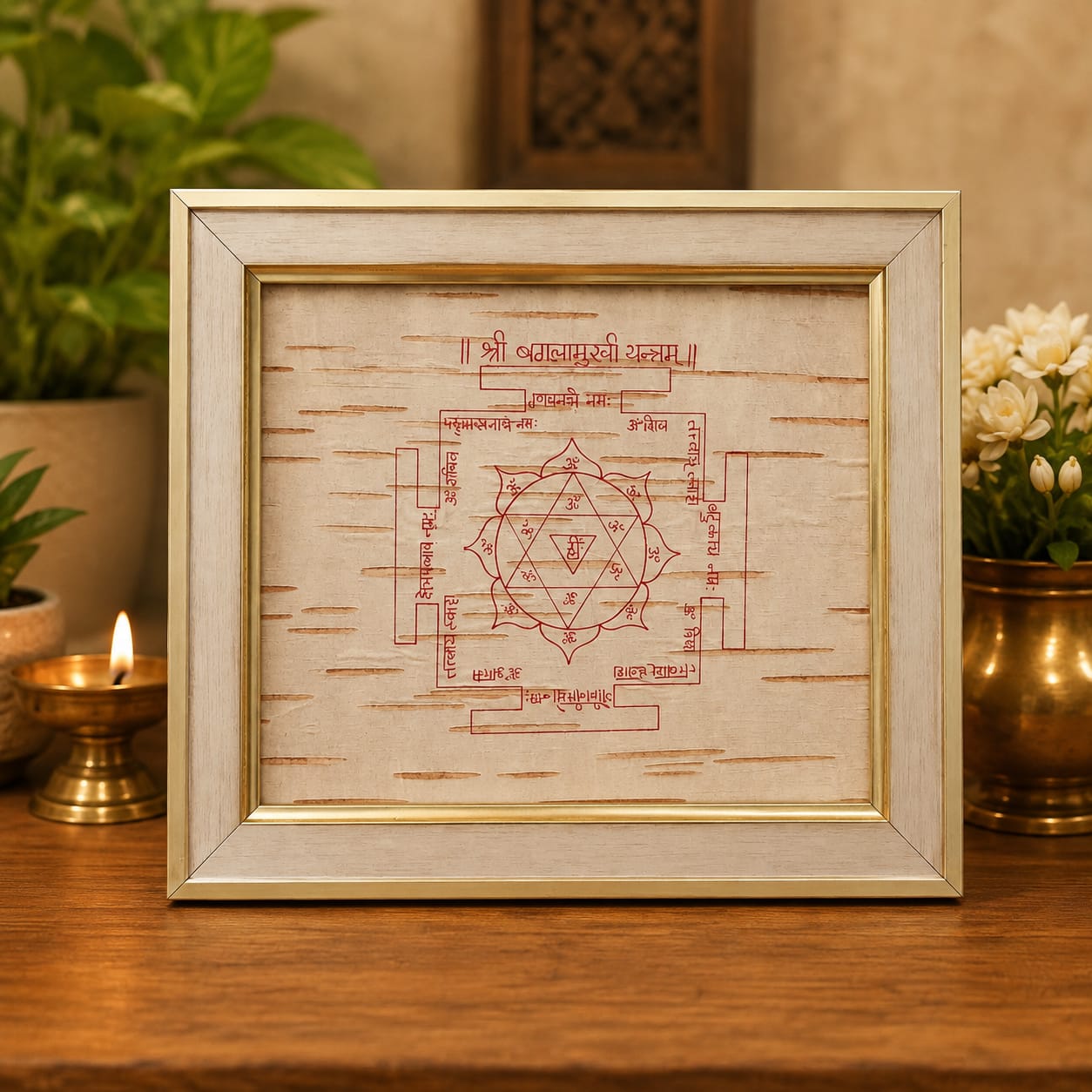 Shri Baglamukhi Yantra 19x24CM Bhojpatra Wooden Frame for Spiritual Protection