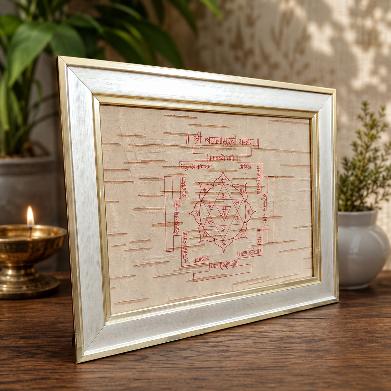 Shri Baglamukhi Yantra 19x24CM Bhojpatra Wooden Frame for Spiritual Protection