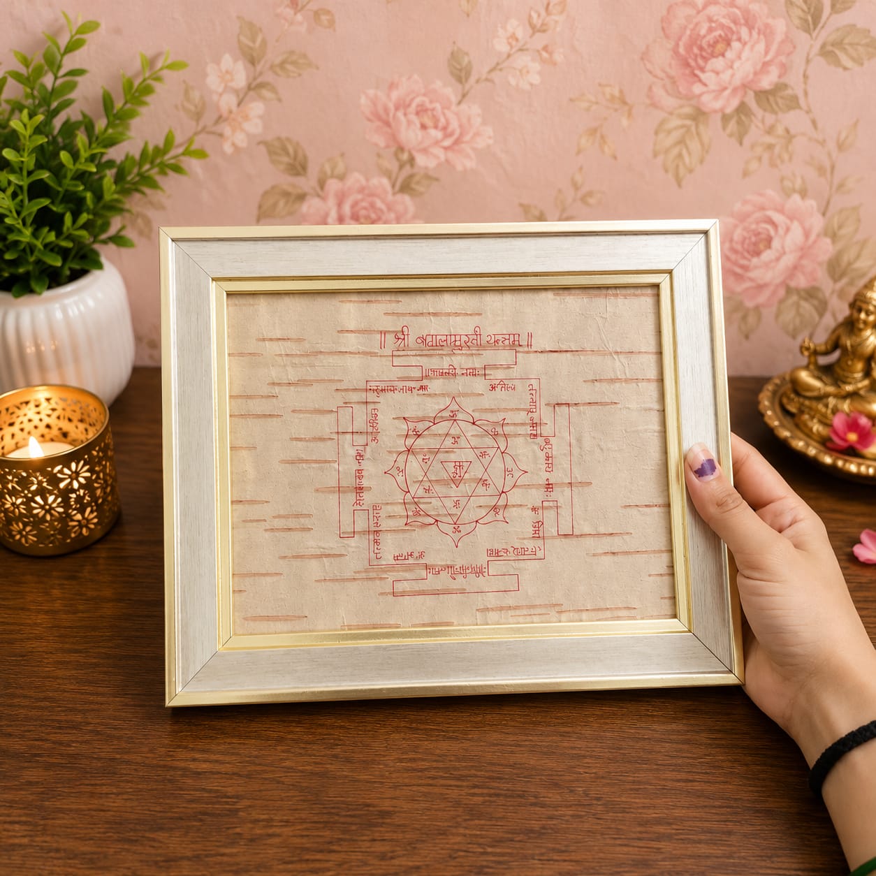 Shri Baglamukhi Yantra 19x24CM Bhojpatra Wooden Frame for Spiritual Protection