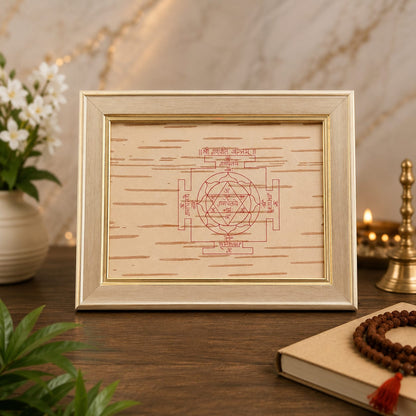 Shri Ganpati Yantra 19x24CM on Handmade Bhojpatra with Wooden Frame for Success Prosperity and Vastu Puja
