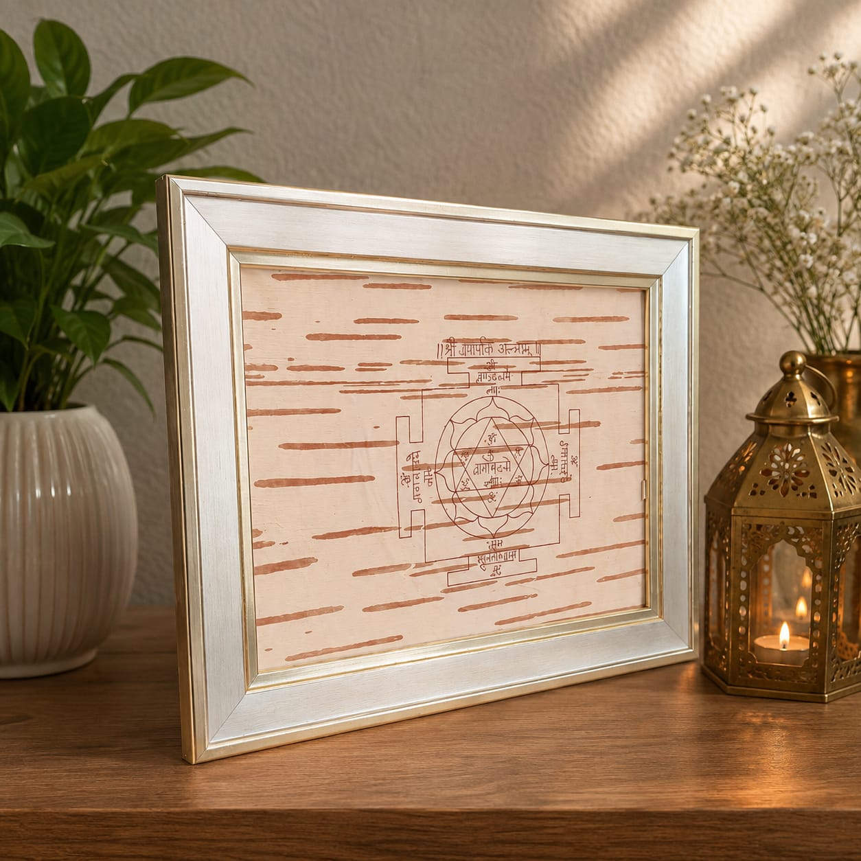 Shri Ganpati Yantra 19x24CM on Handmade Bhojpatra with Wooden Frame for Success Prosperity and Vastu Puja