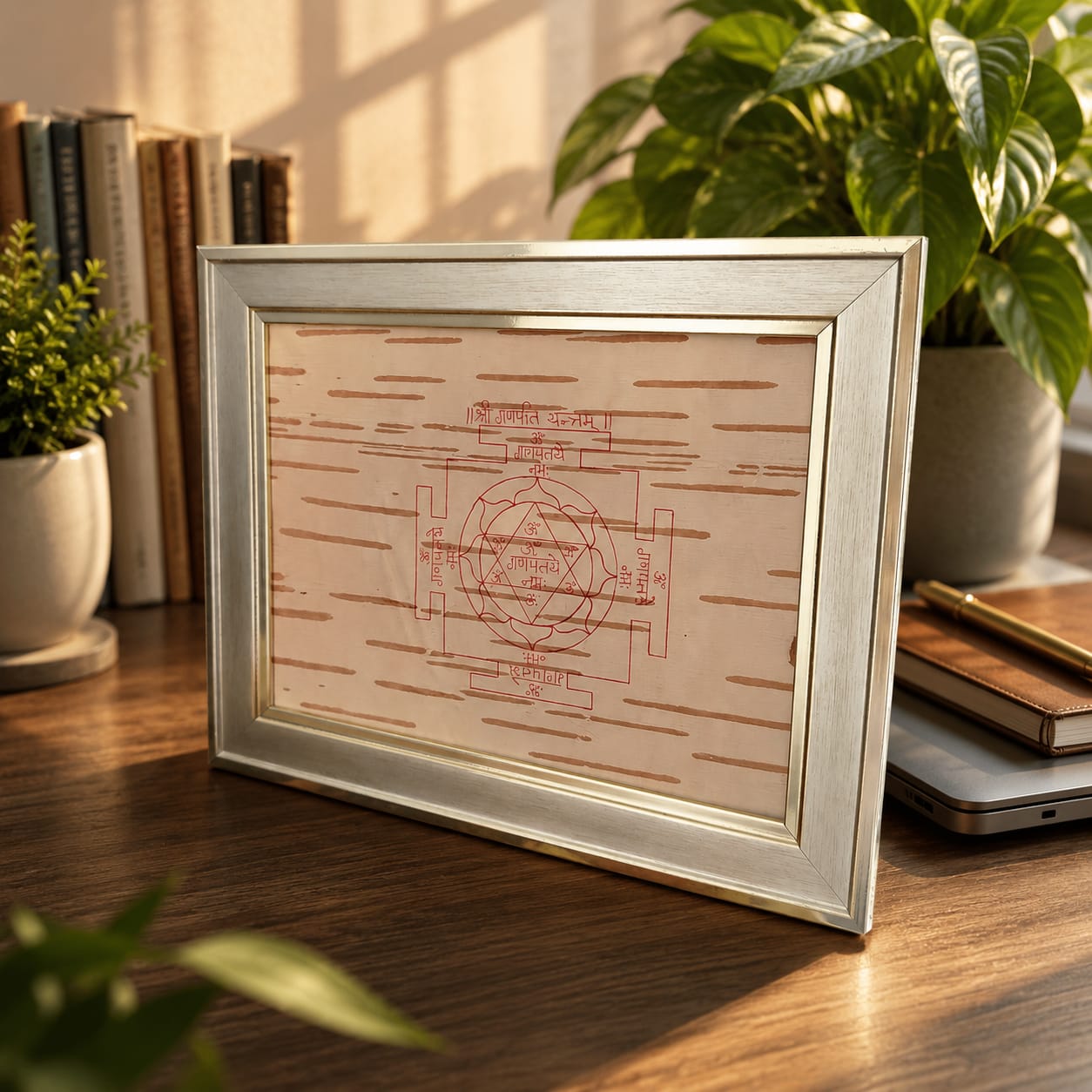 Shri Ganpati Yantra 19x24CM on Handmade Bhojpatra with Wooden Frame for Success Prosperity and Vastu Puja