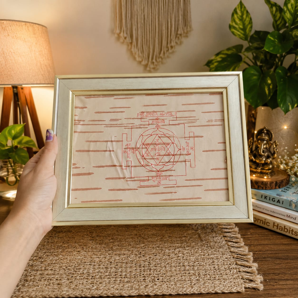 Shri Ganpati Yantra 19x24CM on Handmade Bhojpatra with Wooden Frame for Success Prosperity and Vastu Puja