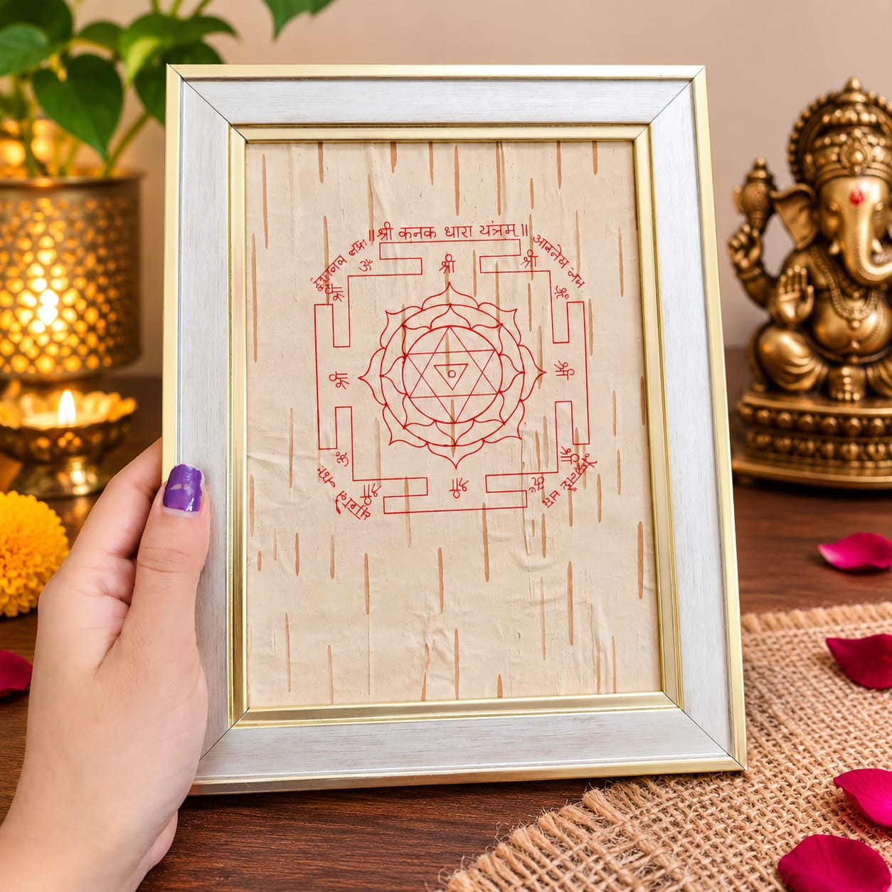 Shri Kanak Dhara Yantra 19x24CM Bhojpatra Frame for Wealth Prosperity Puja