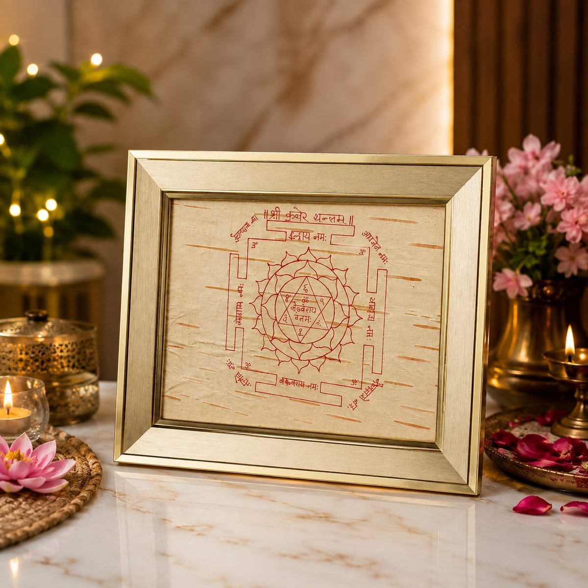 Shri Kuber Yantra 19x24CM Bhojpatra Wooden Frame for Wealth Prosperity Puja