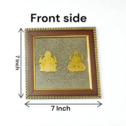 Shri Lakshmi Ganesh Frame on Pyrite Stone – 7x7 Inch Wooden Wall Decor for Wealth, Business Growth, and Vastu Energy Balance