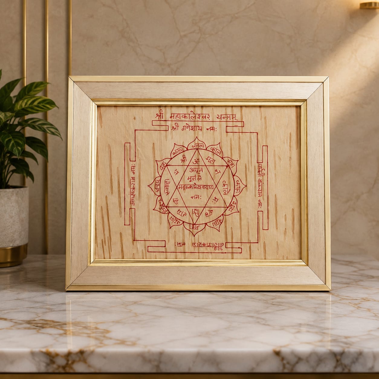 Shri Mahakaleshwar Yantra 19x24CM Bhojpatra Wooden Frame for Spiritual Protection and Puja