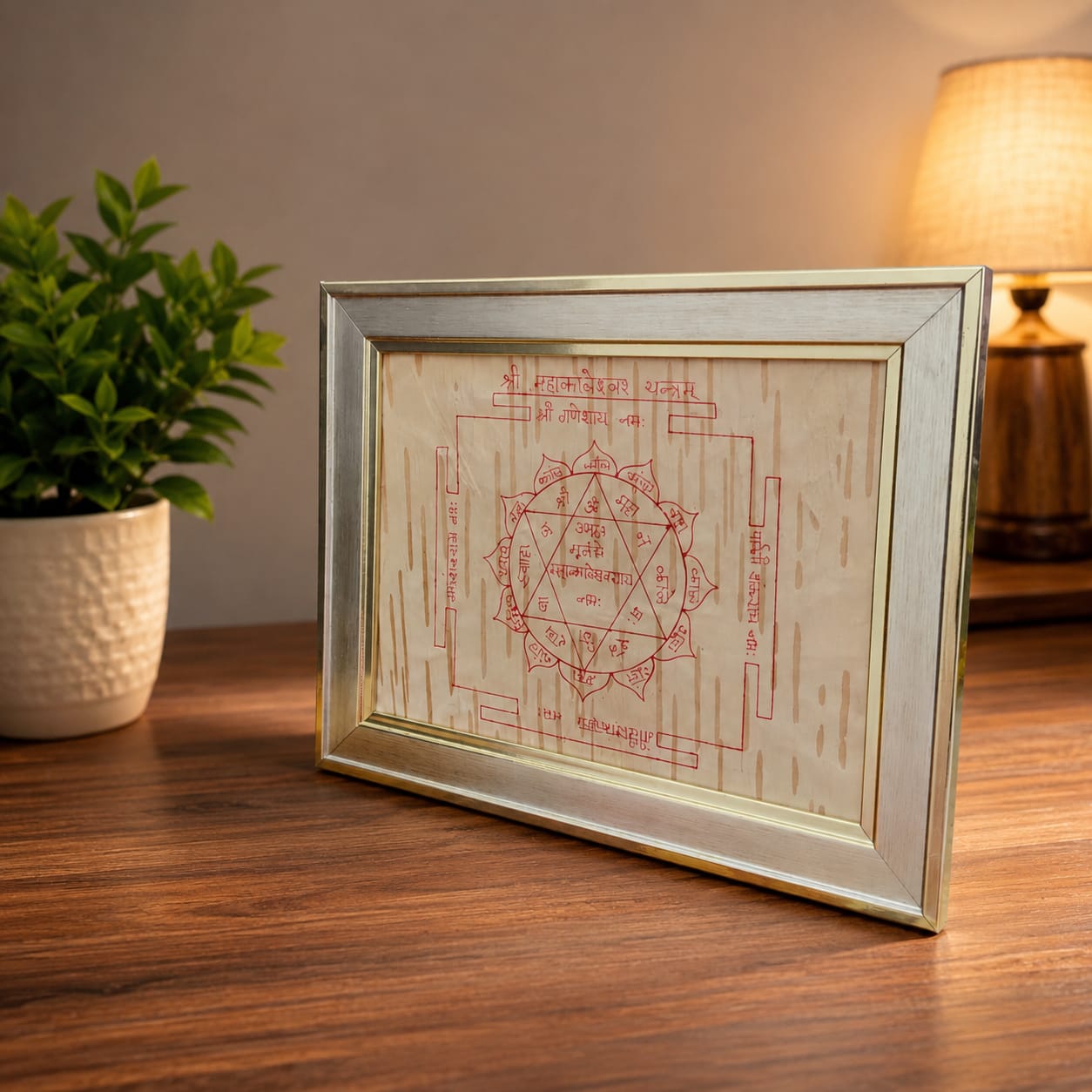 Shri Mahakaleshwar Yantra 19x24CM Bhojpatra Wooden Frame for Spiritual Protection and Puja