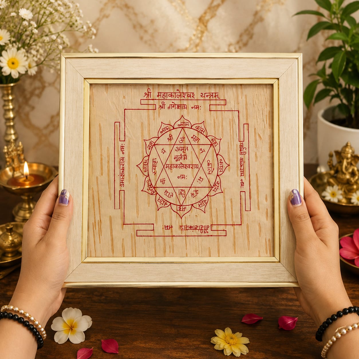 Shri Mahakaleshwar Yantra 19x24CM Bhojpatra Wooden Frame for Spiritual Protection and Puja
