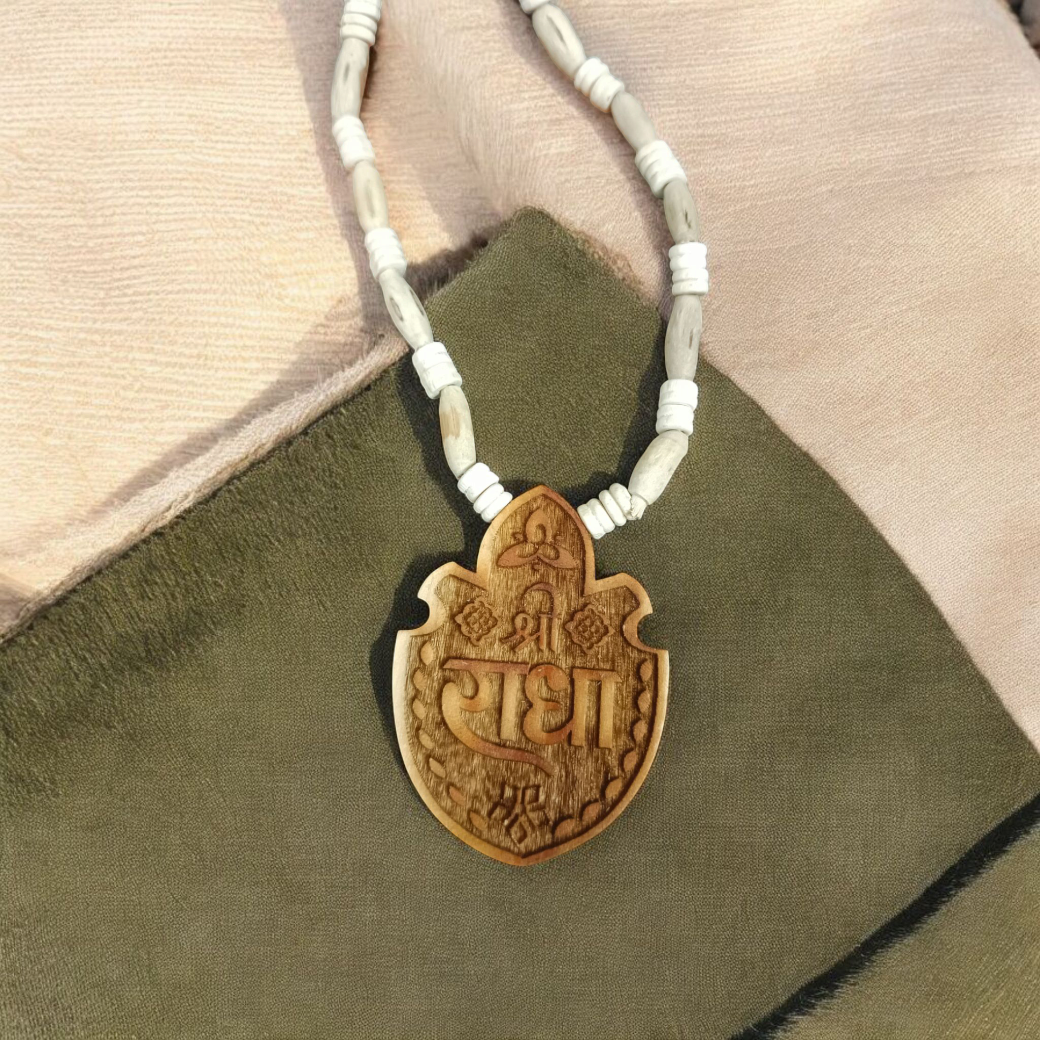 Shri Radha Tulsi Wood Locket with Tulsi Mala, promoting devotion, protection, and spiritual connection with Lord Krishna and Radha