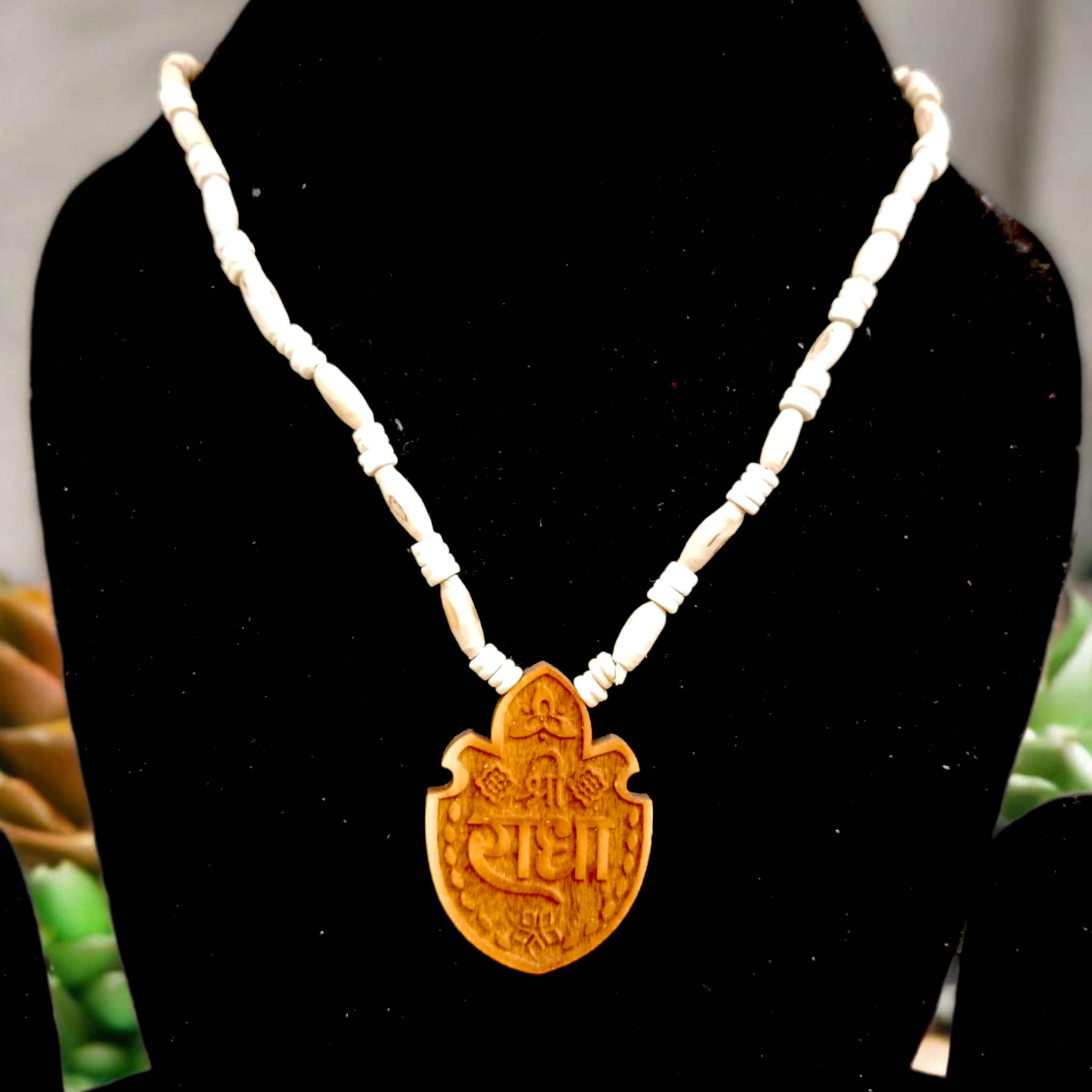 Shri Radha Tulsi Wood Locket with Tulsi Mala, promoting devotion, protection, and spiritual connection with Lord Krishna and Radha
