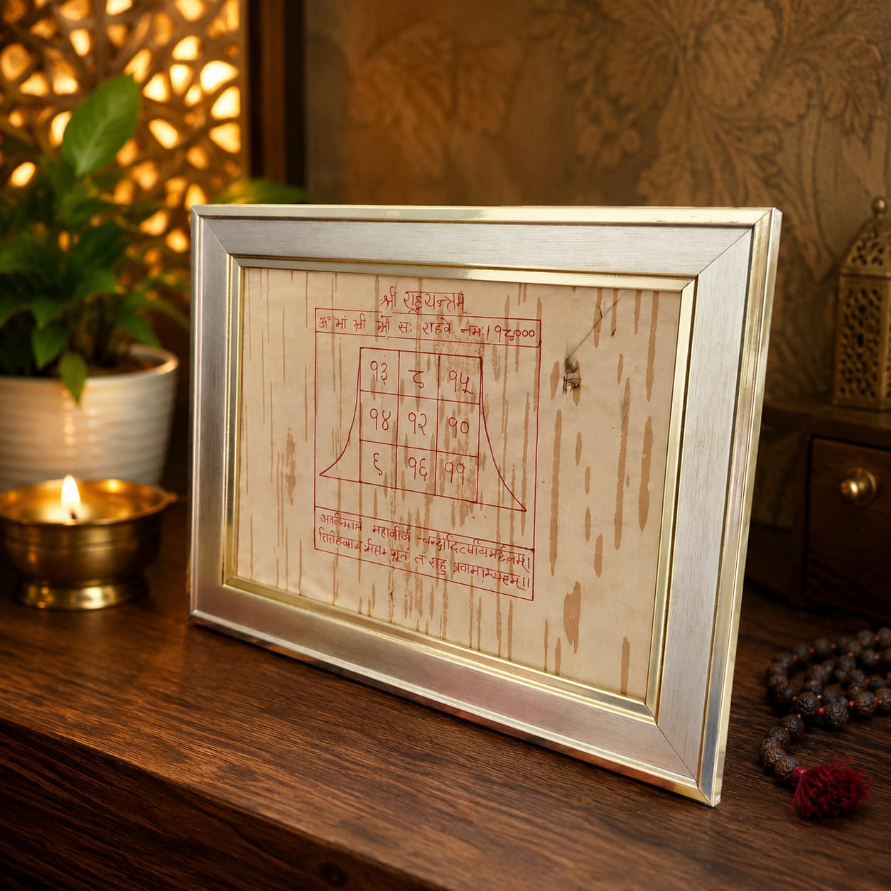 Shri Rahu Yantra 19x24CM Bhojpatra Wooden Frame for Protection and Spiritual Stability