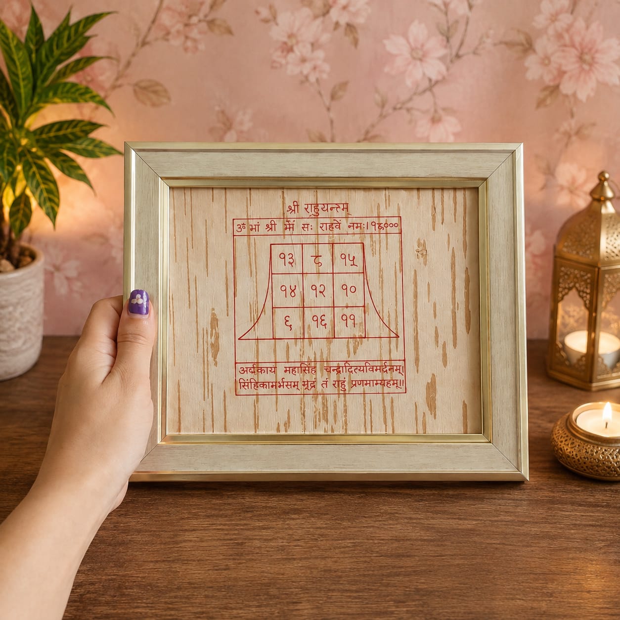 Shri Rahu Yantra 19x24CM Bhojpatra Wooden Frame for Protection and Spiritual Stability