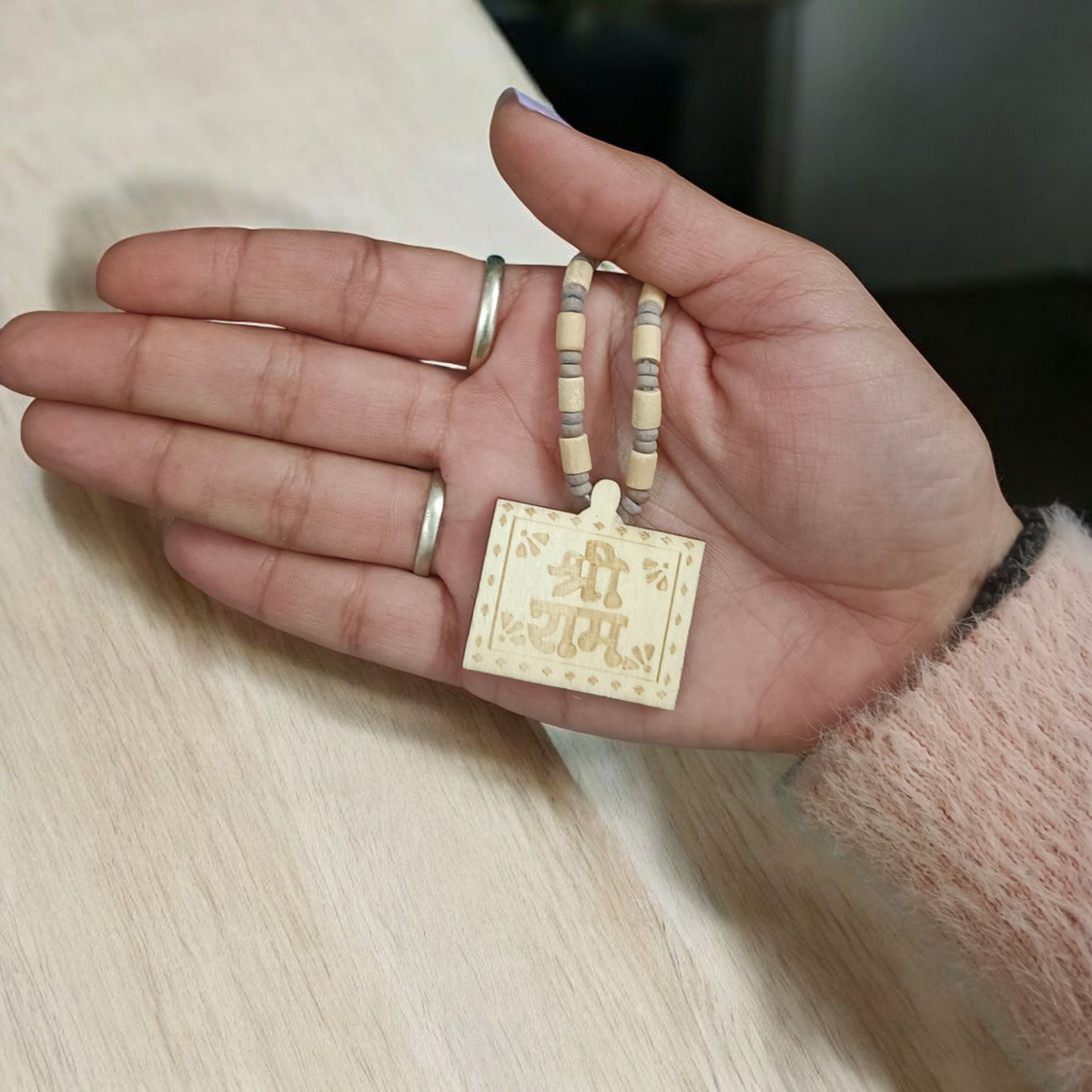 Shri Ram Tulsi Wood Locket with Tulsi Mala, symbolizing divine devotion and protection from negative energies.