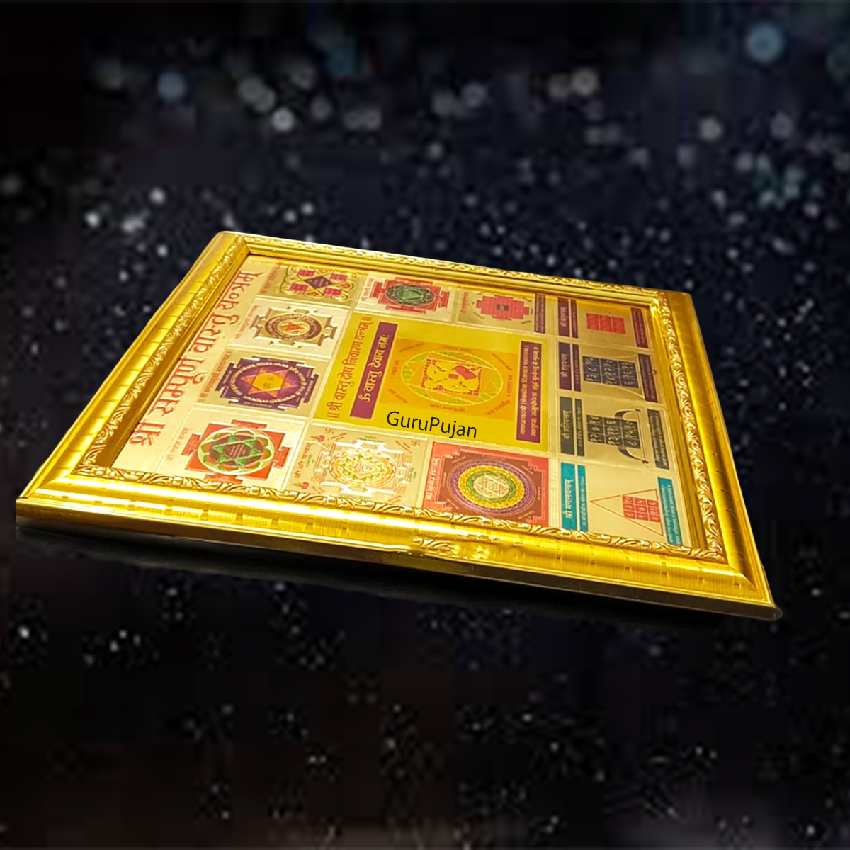 Shri Sampoorna Vaastu Yantra with gold plating and frame, designed to remove Vaastu dosha and bring positive energy, prosperity, and peace to your space