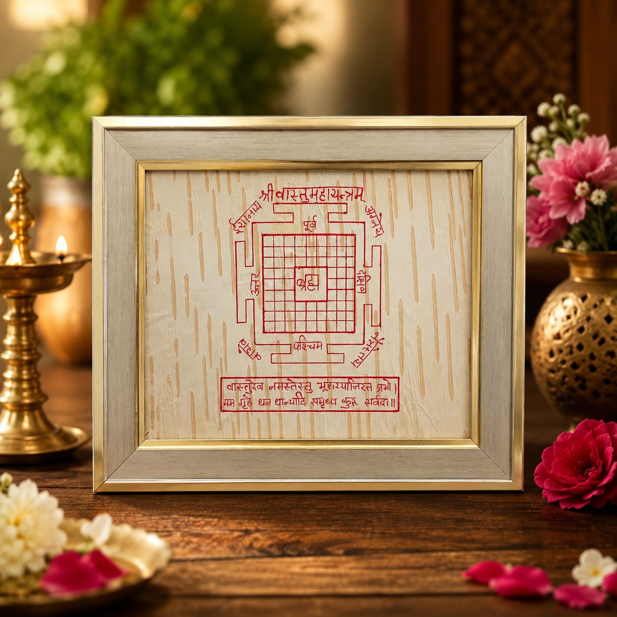 Shri Vastu Maha Yantra 19x24CM on Bhojpatra with Wooden Frame for Vastu Balance