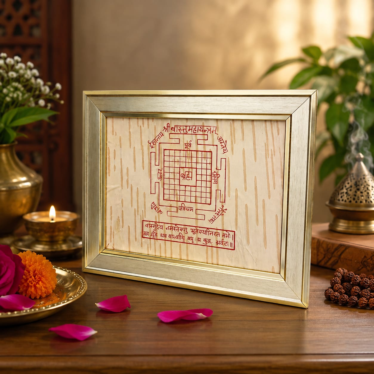 Shri Vastu Maha Yantra 19x24CM on Bhojpatra with Wooden Frame for Vastu Balance