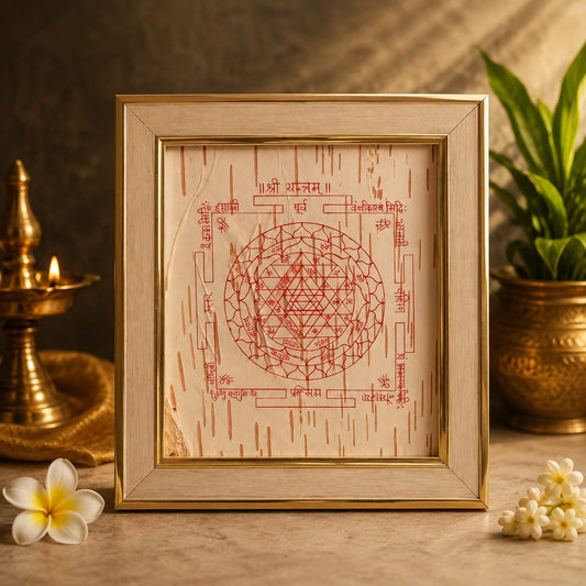Shri Yantra 19x21CM Bhojpatra Wooden Frame for Home Temple, Wealth, Prosperity, Vastu, Spiritual Wall Frame, Sacred Hindu Yantra, Gurupujan