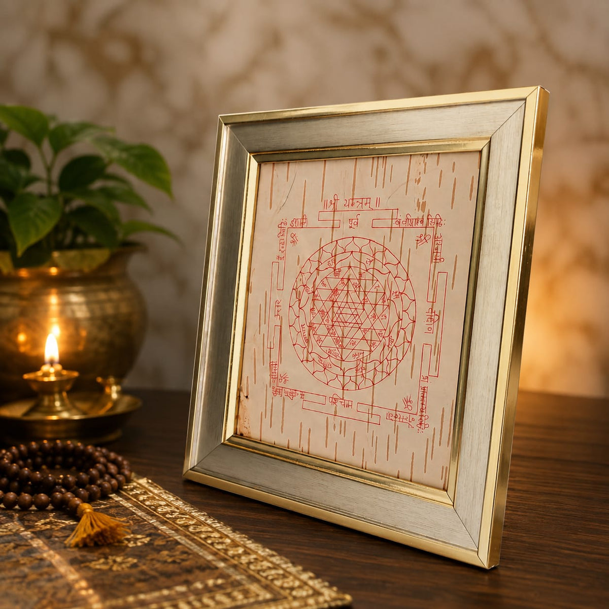 Shri Yantra 19x21CM Bhojpatra Wooden Frame for Home Temple, Wealth, Prosperity, Vastu, Spiritual Wall Frame, Sacred Hindu Yantra, Gurupujan
