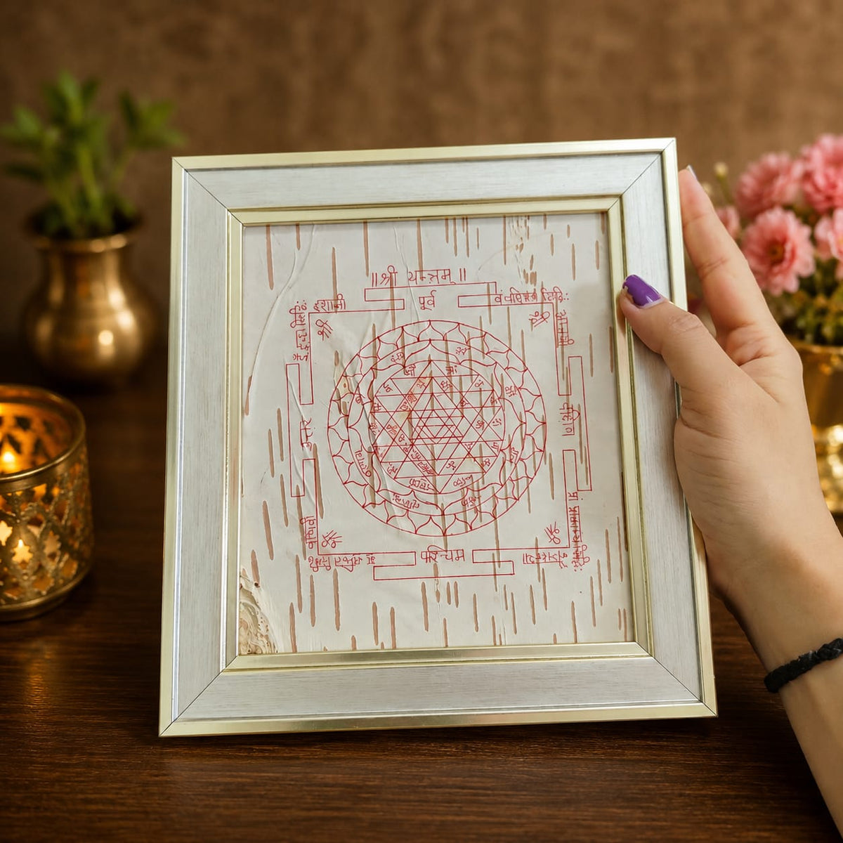 Shri Yantra 19x21CM Bhojpatra Wooden Frame for Home Temple, Wealth, Prosperity, Vastu, Spiritual Wall Frame, Sacred Hindu Yantra, Gurupujan