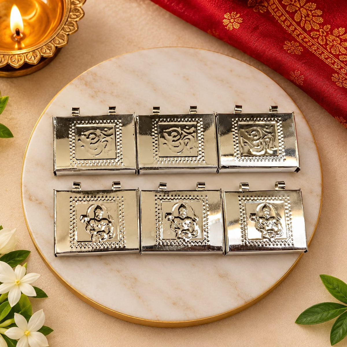 Silver Hanuman Ji and Om Taweez Pendants Set of 6 in Silver Colour for Daily Wear