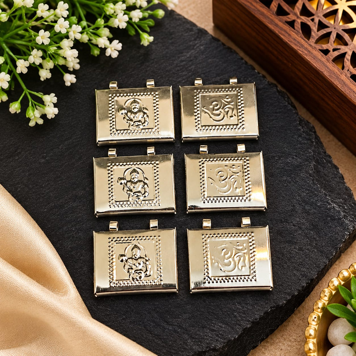 Silver Hanuman Ji and Om Taweez Pendants Set of 6 in Silver Colour for Daily Wear