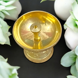 Small Brass Akhand Jyot diya with a steady flame, crafted from high-quality brass, perfect for pooja rituals and creating a peaceful spiritual environment.

