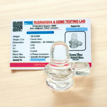 Sphatik Shivling crafted from Crystal Quartz, Lab Certified, symbolizing Lord Shiva, for spiritual growth, prosperity, and energy amplification.