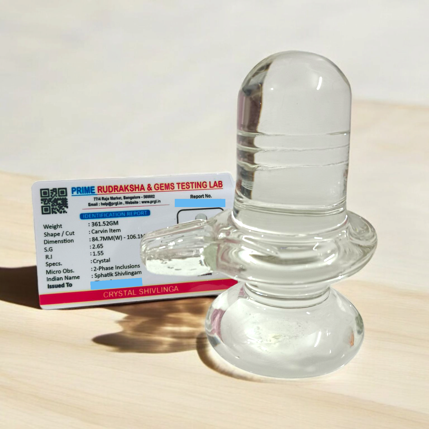 Sphatik Shivling crafted from Crystal Quartz, Lab Certified, symbolizing Lord Shiva, for spiritual growth, prosperity, and energy amplification.