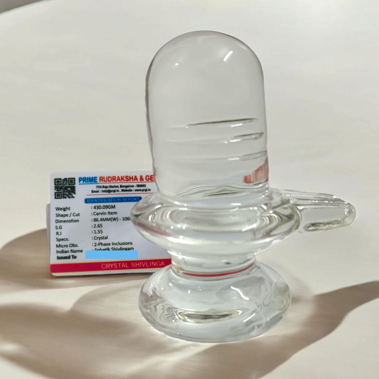 Sphatik Shivling crafted from Crystal Quartz, Lab Certified, symbolizing Lord Shiva, for spiritual growth, prosperity, and energy amplification.