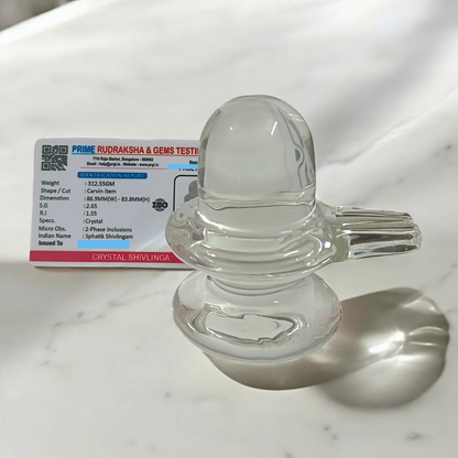 Sphatik Shivling crafted from Crystal Quartz, Lab Certified, symbolizing Lord Shiva, for spiritual growth, prosperity, and energy amplification.