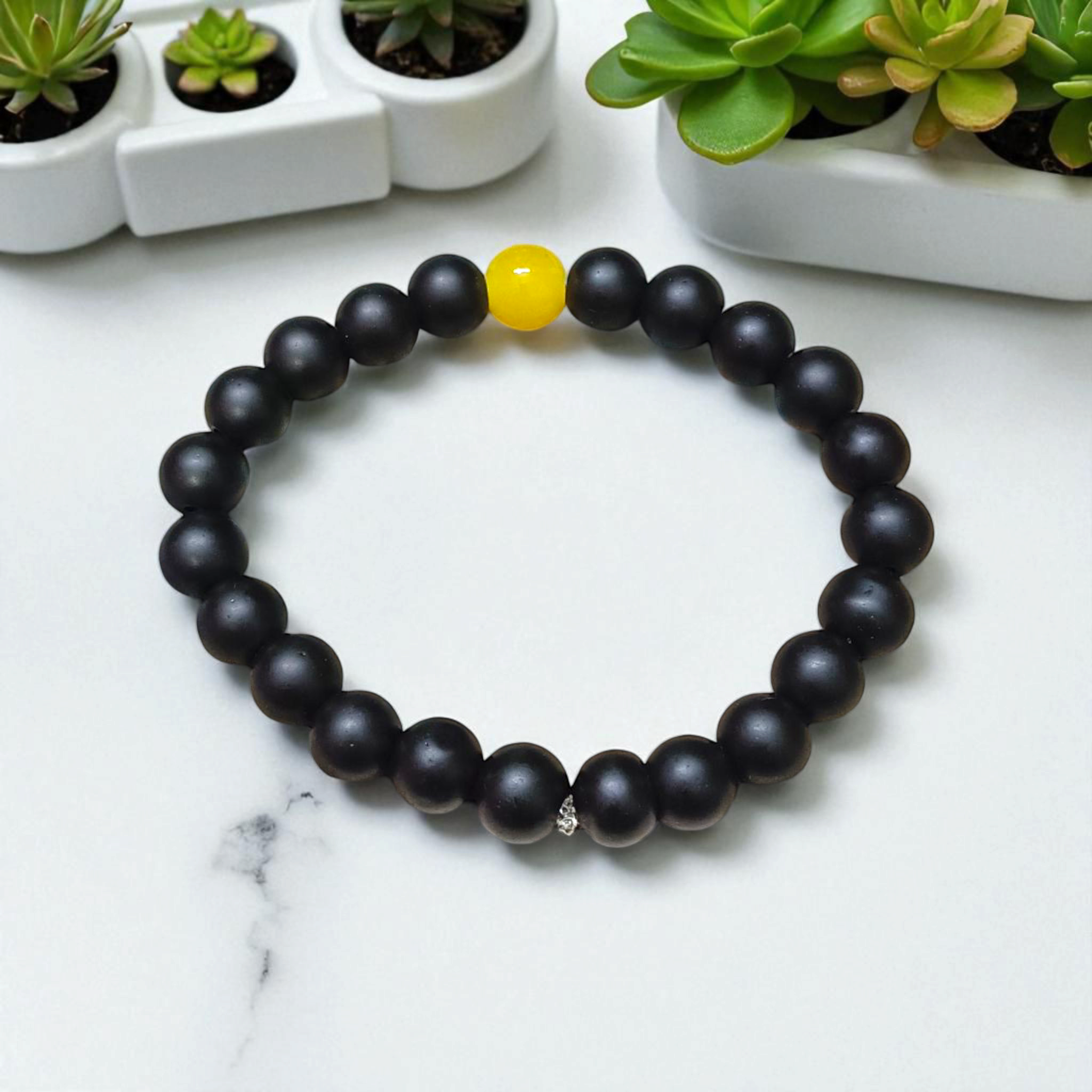 Stretchable 8mm Ebony & Yellow Agate (Hakik) Bracelet - Lab Certified Spiritual Jewelry