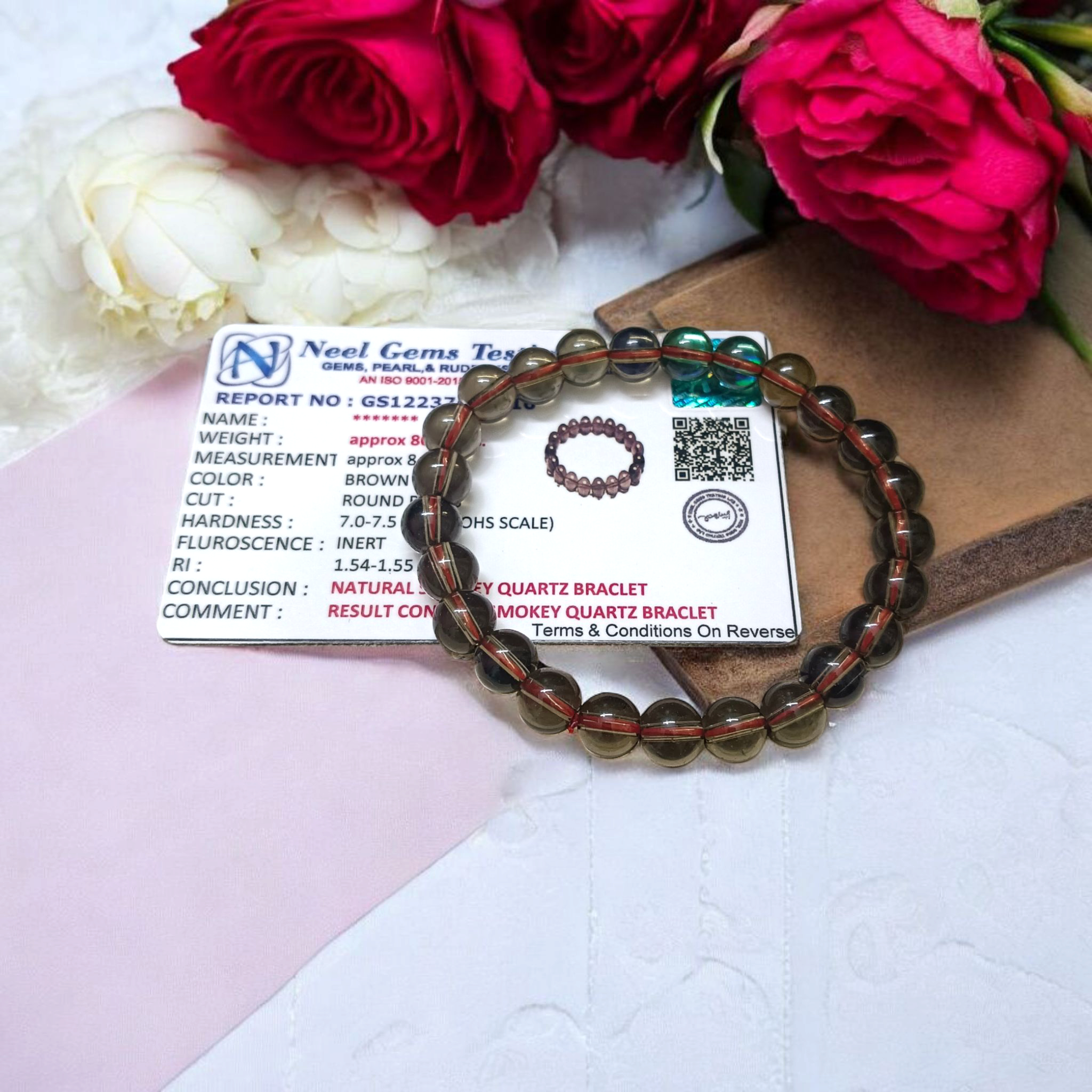 Stretchable Natural Smokey Quartz Bracelet with 8mm round beads, certified and designed for healing and grounding