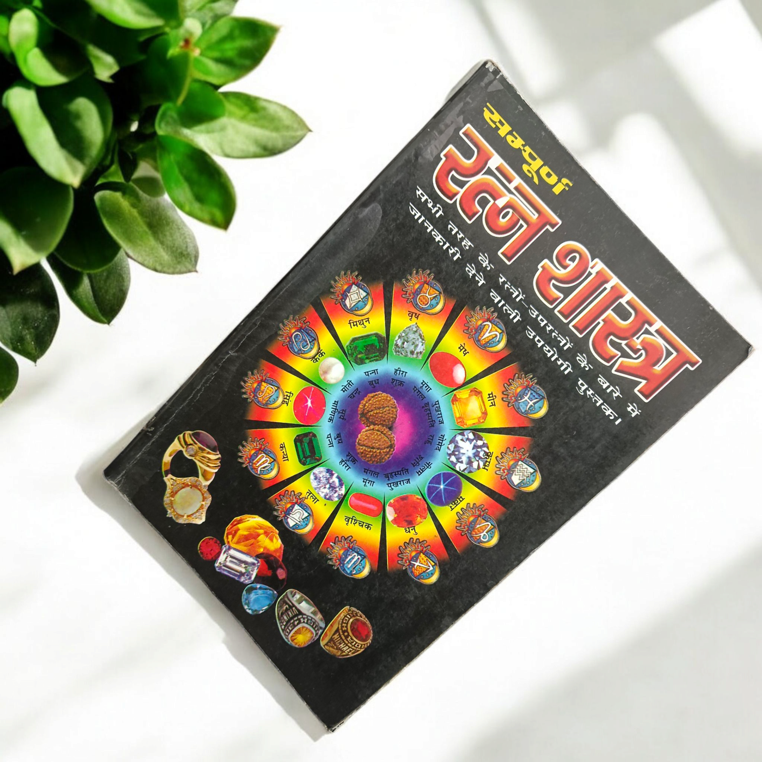 The Ratan Shastra book displayed with various gemstones around it, symbolizing the spiritual and healing properties of gemstones in Vedic astrology.