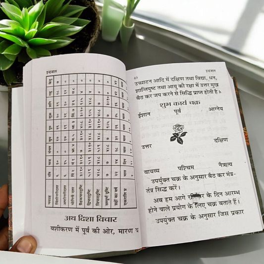 The book titled Asli Prachin Maha Indrajal on a dark mystical background, with symbols of red and black magic and protective rituals.