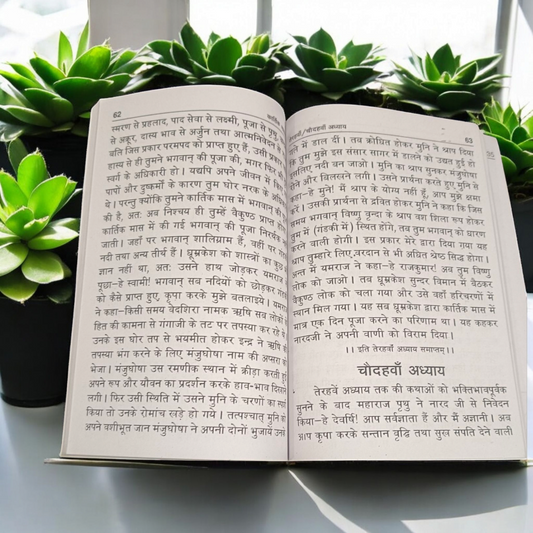 The image displays the cover of Kartik Mahatmya | Hindi Book, showcasing vibrant imagery related to Lord Vishnu and Kartik month celebrations.