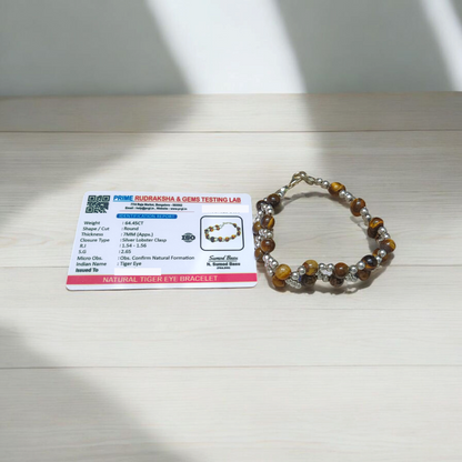 Tiger Eye Bracelet made of natural 7mm lab-certified beads with golden-brown tones placed on a white background