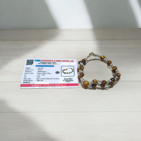Tiger Eye Bracelet made of natural 7mm lab-certified beads with golden-brown tones placed on a white background